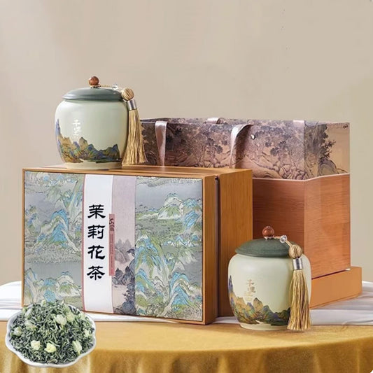 Premium Fuzhou Jasmine Tea Duo Gift Box – Silver Needle & Green Tea Set, 200g